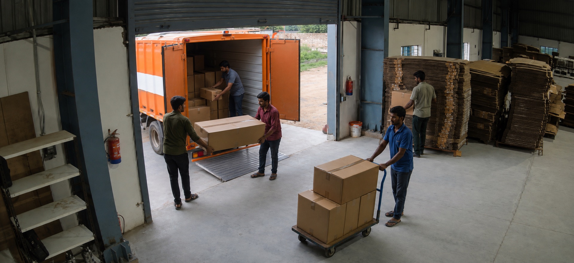 Workers loading finished corrugated boxes into a truck at the Realage Packaging dispatch bay